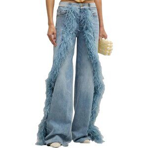 Women's High Waisted Straight Leg Denim Jeans Feather-Trim Stretchy Baggy